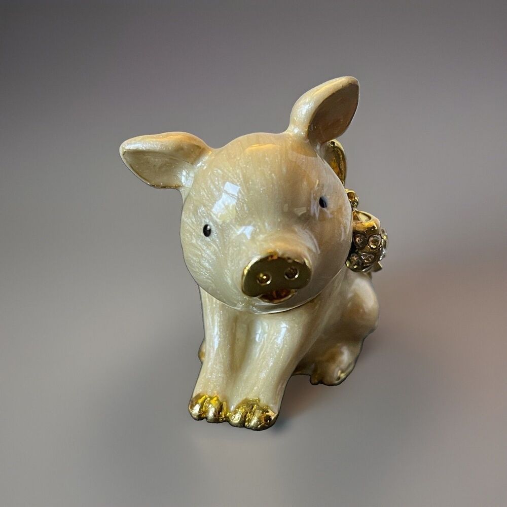 Pig Trinket Box Hinged Figurine Rhinestone Accents Gold-Tone Trim